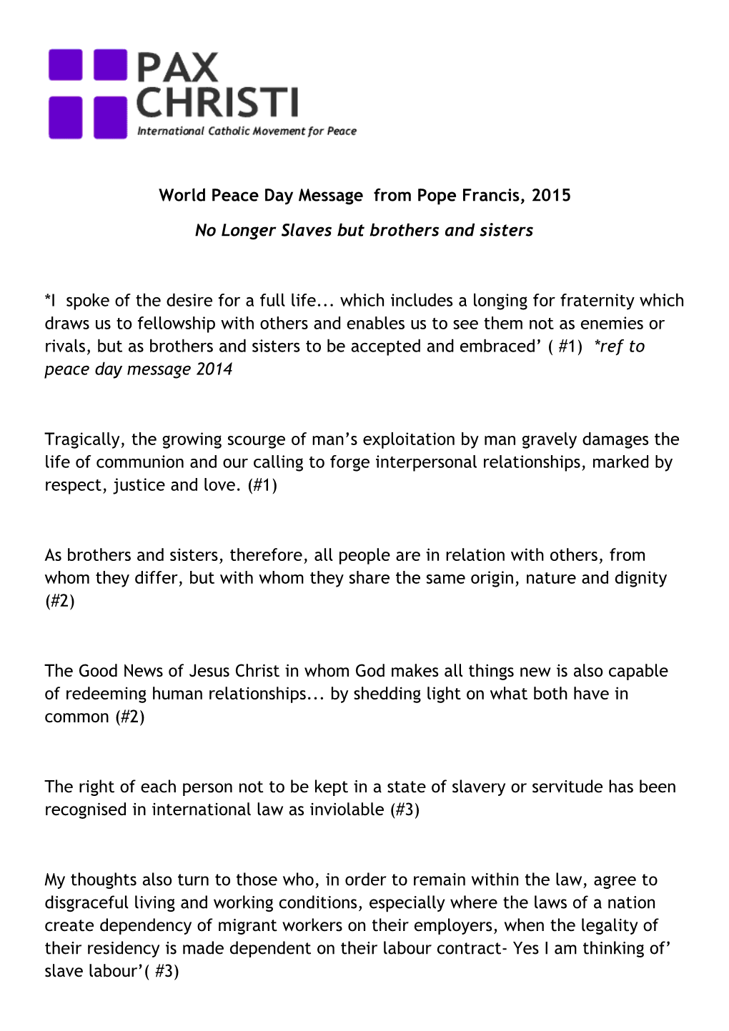World Peace Day Message from Pope Francis, 2015