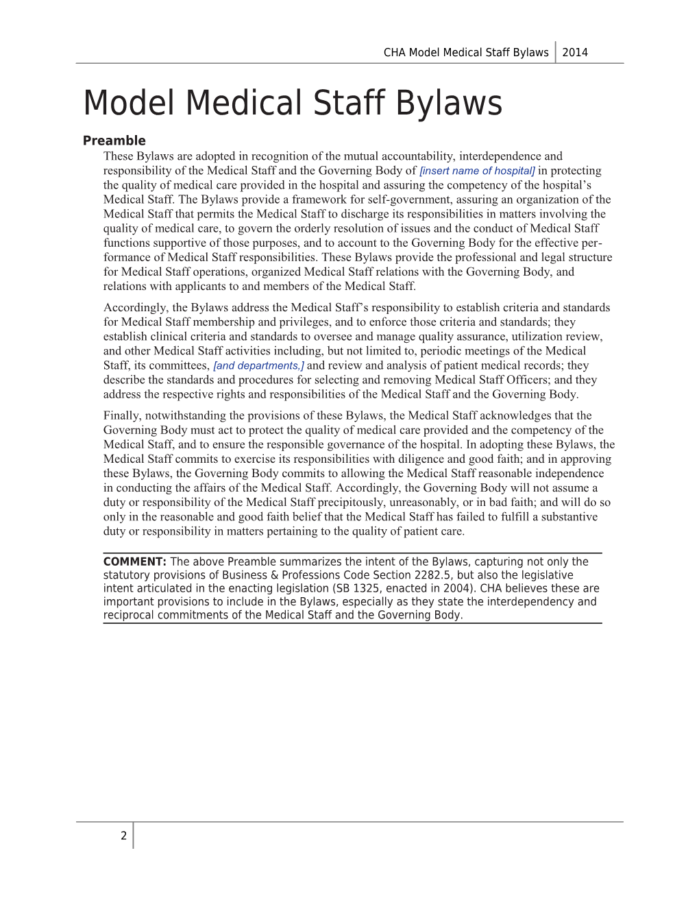 CHA Model Medical Staff Bylaws