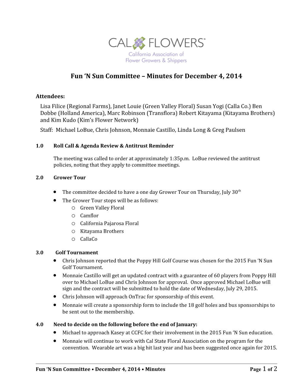 Fun N Sun Committee Minutes for December 4, 2014