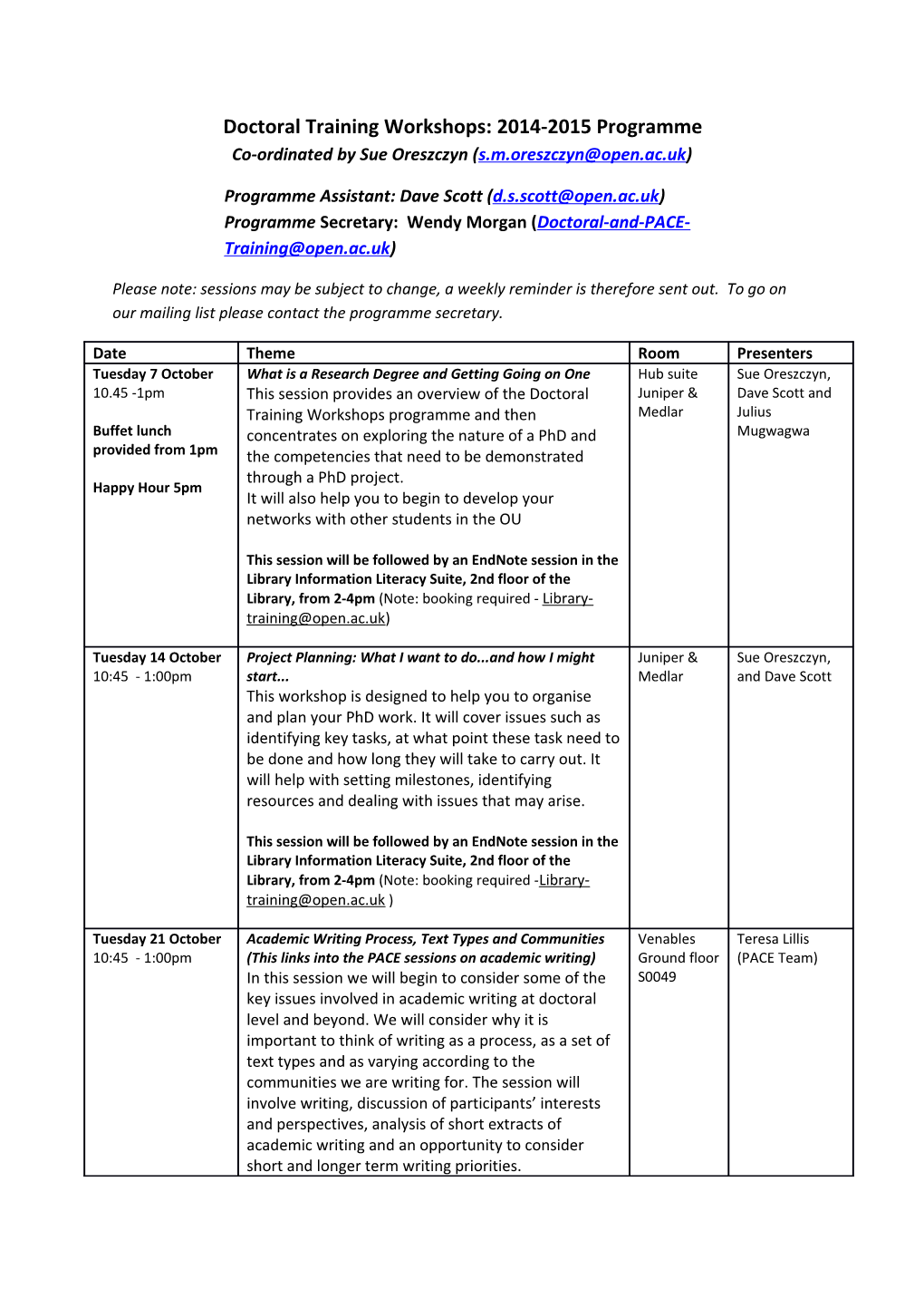 Draft Doctoral Training Workshops: 2013-2014 Programme