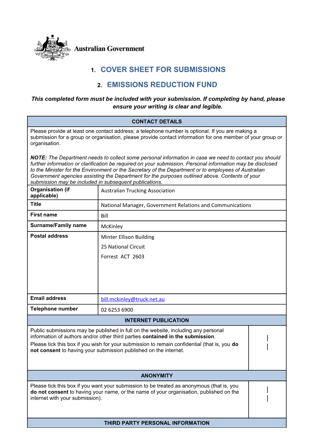 Coversheet for Submissions - Varying the Threat Abatement Plan 2006 for the Incidental