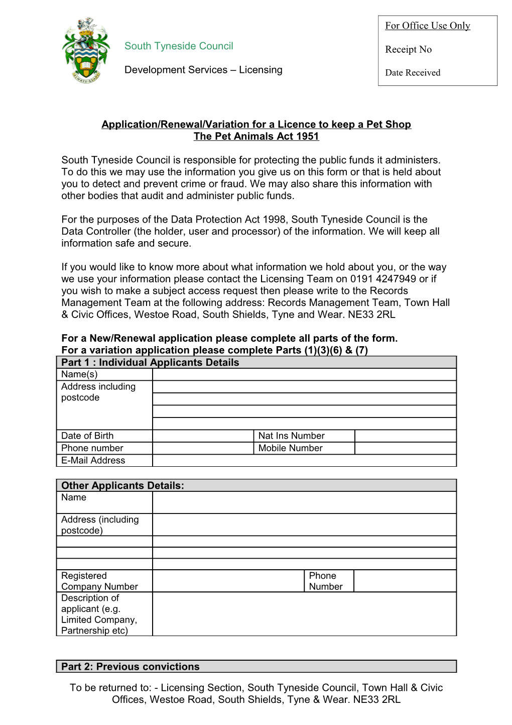 Application/Renewal/Variation for a Licence to Keep a Pet Shop