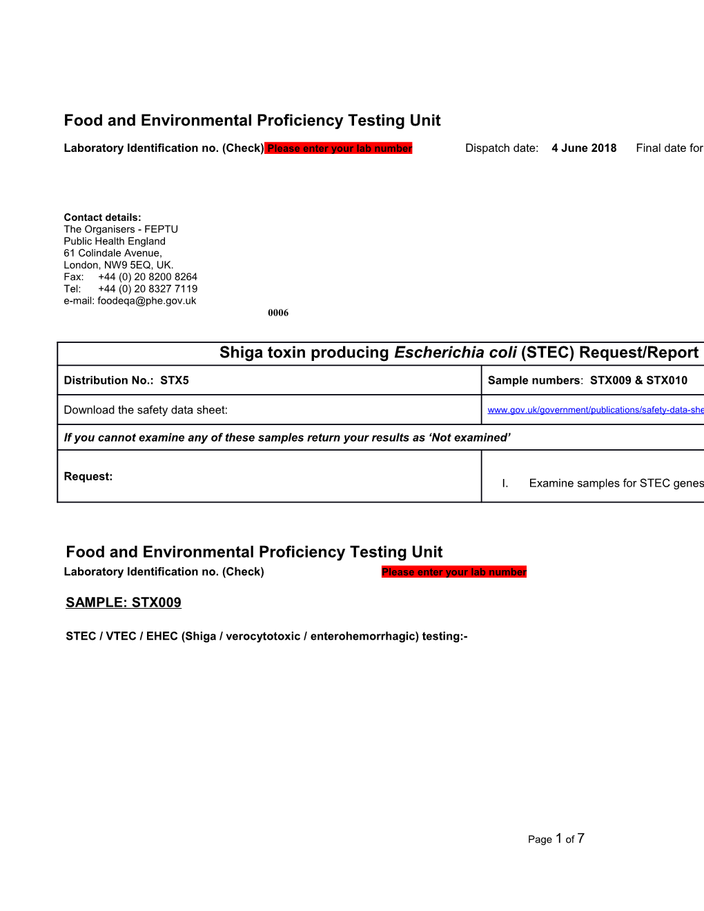 Shiga Toxin Producing Escherichia Coli (STEC) Request Report Form