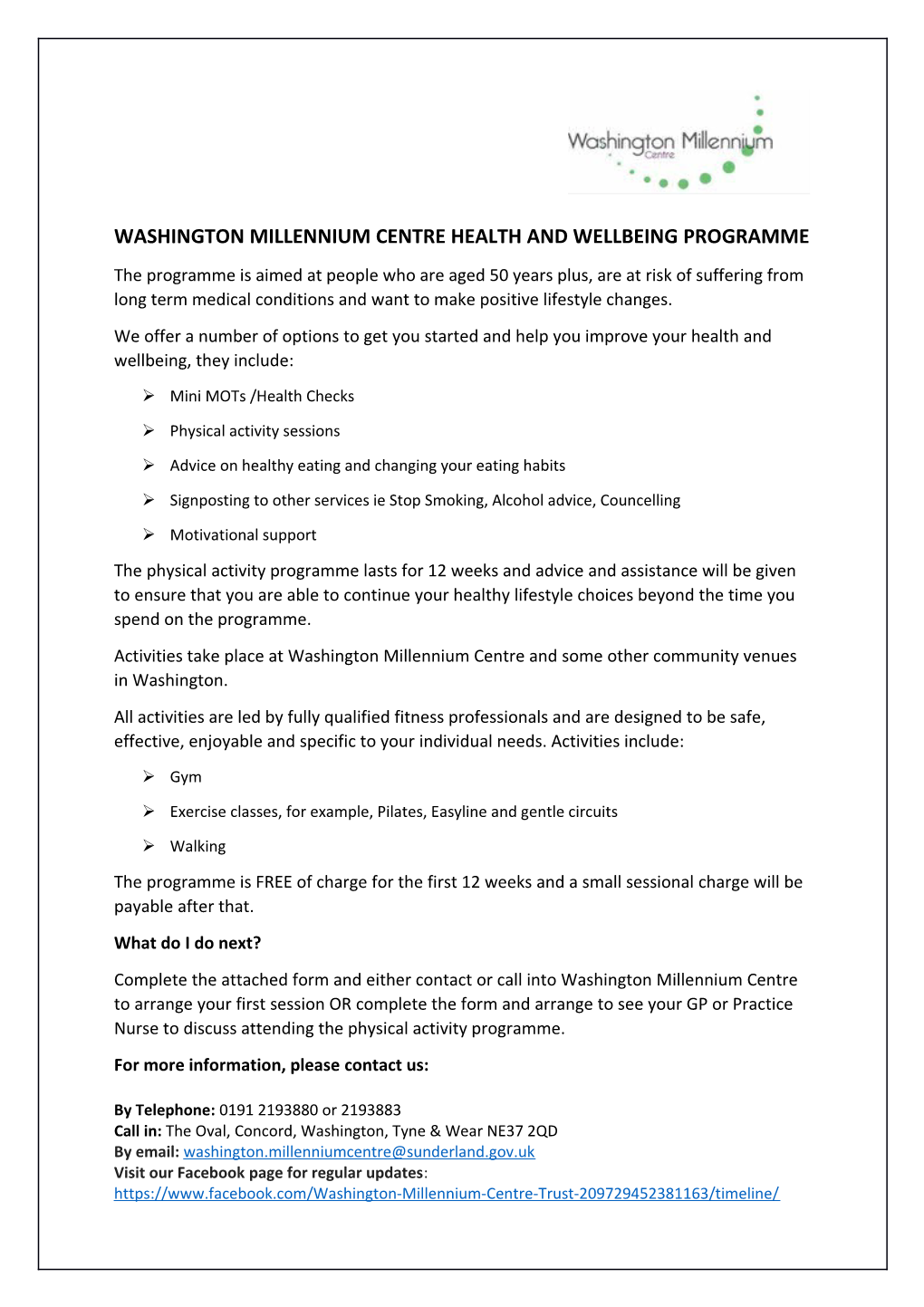 Washington Millennium Centre Health and Wellbeing Programme
