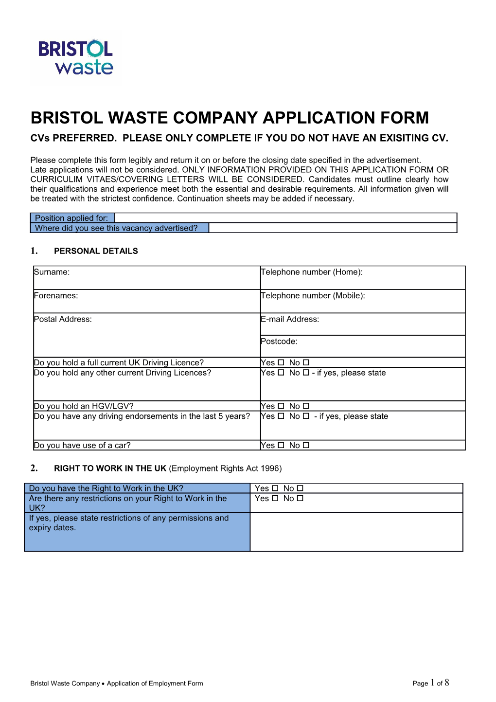 Bristol Waste Company Application Form
