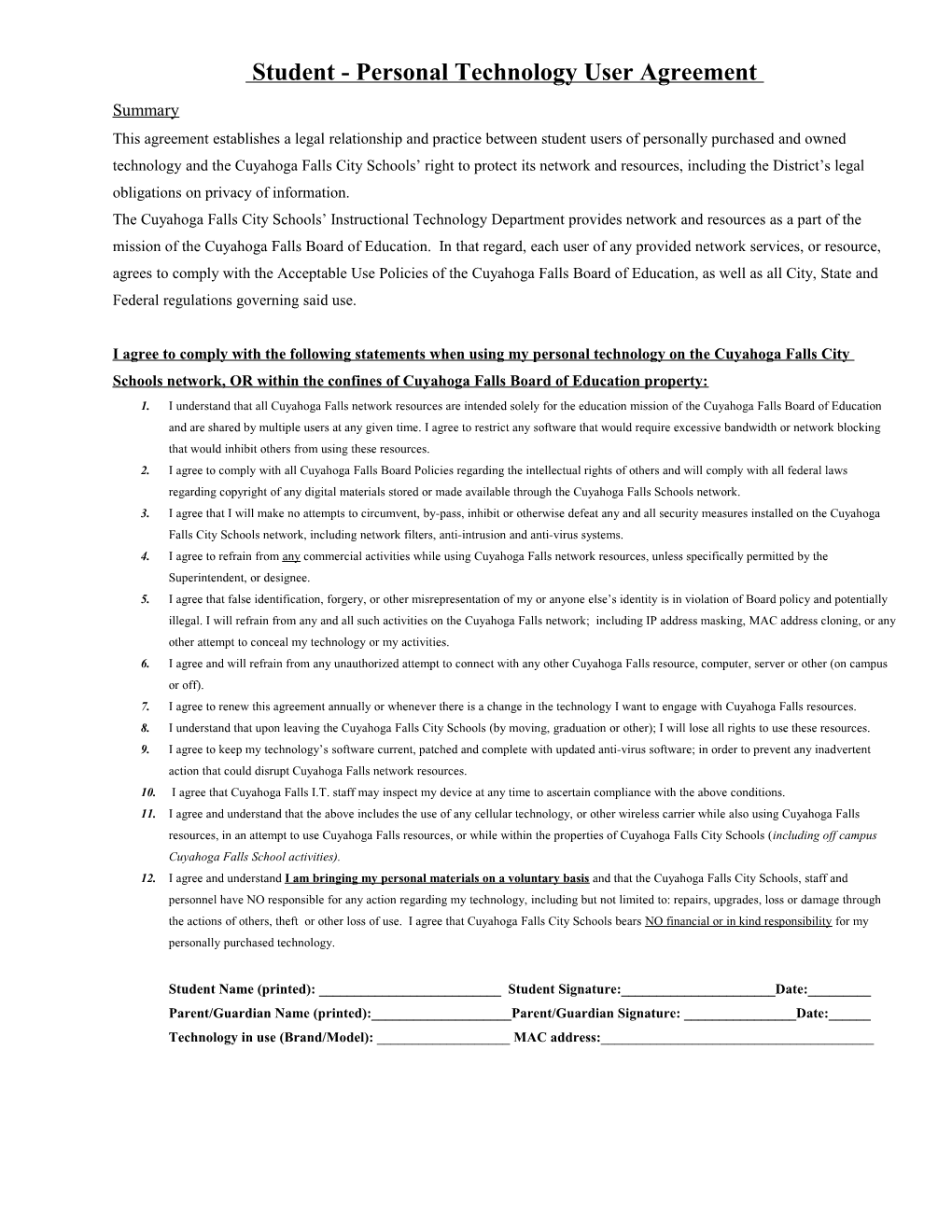 Student -Personal Technology User Agreement