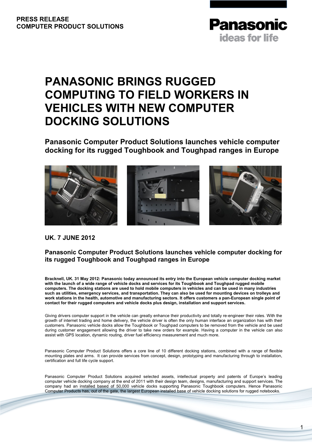 Panasonic Computer Product Solutions Launches Vehicle Computer Docking for Its Rugged