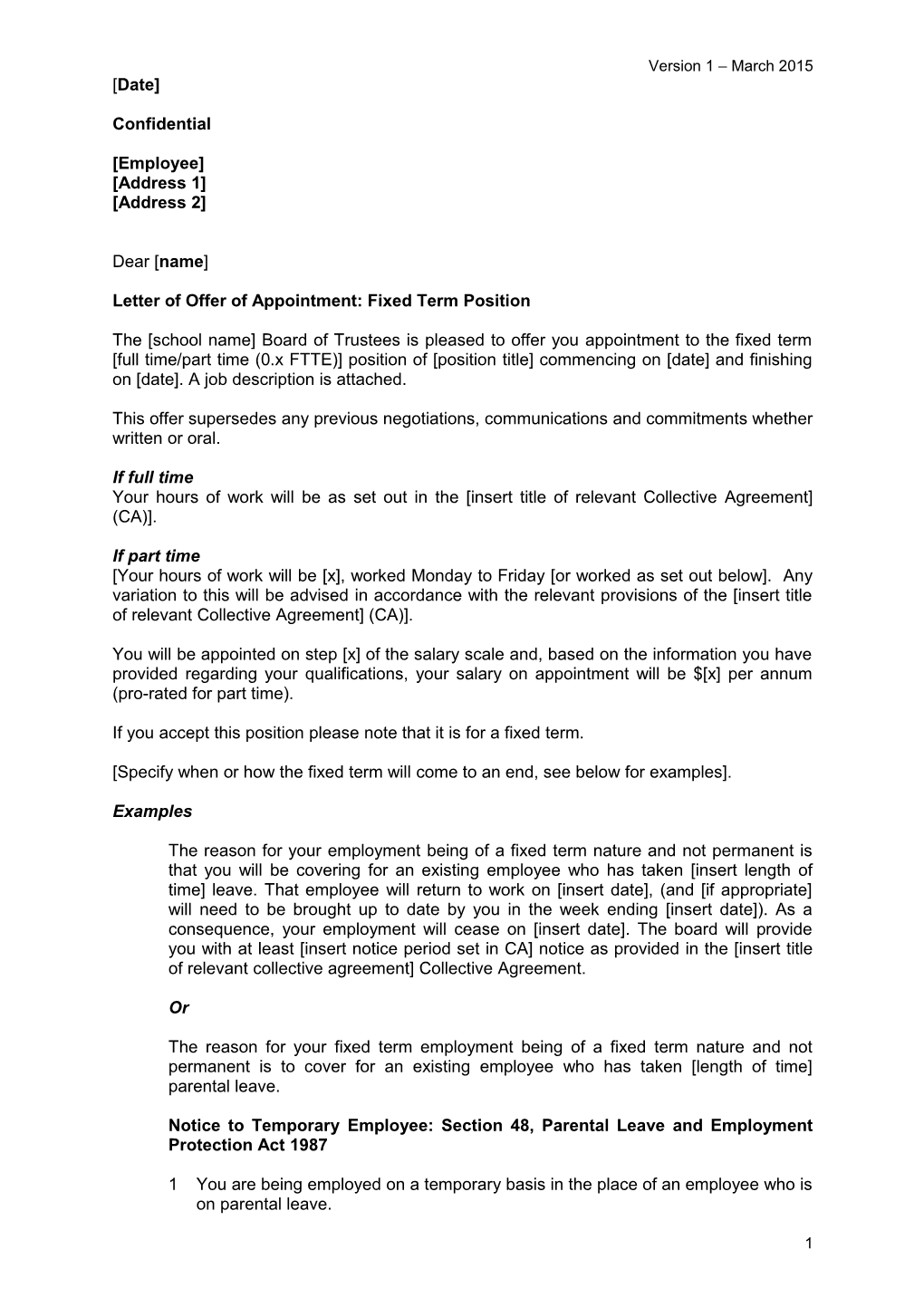 Letter of Offer of Appointment: Fixed Term Position