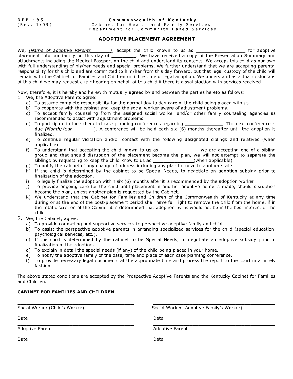 Adoptive Placement Agreement