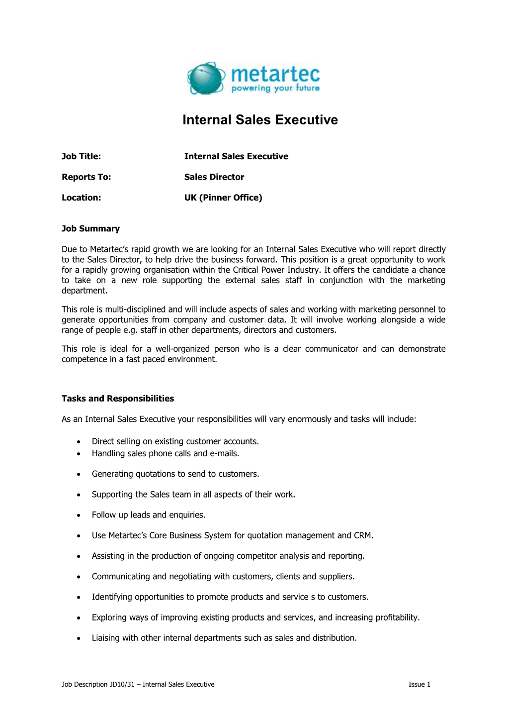 Job Title: Internal Salesexecutive