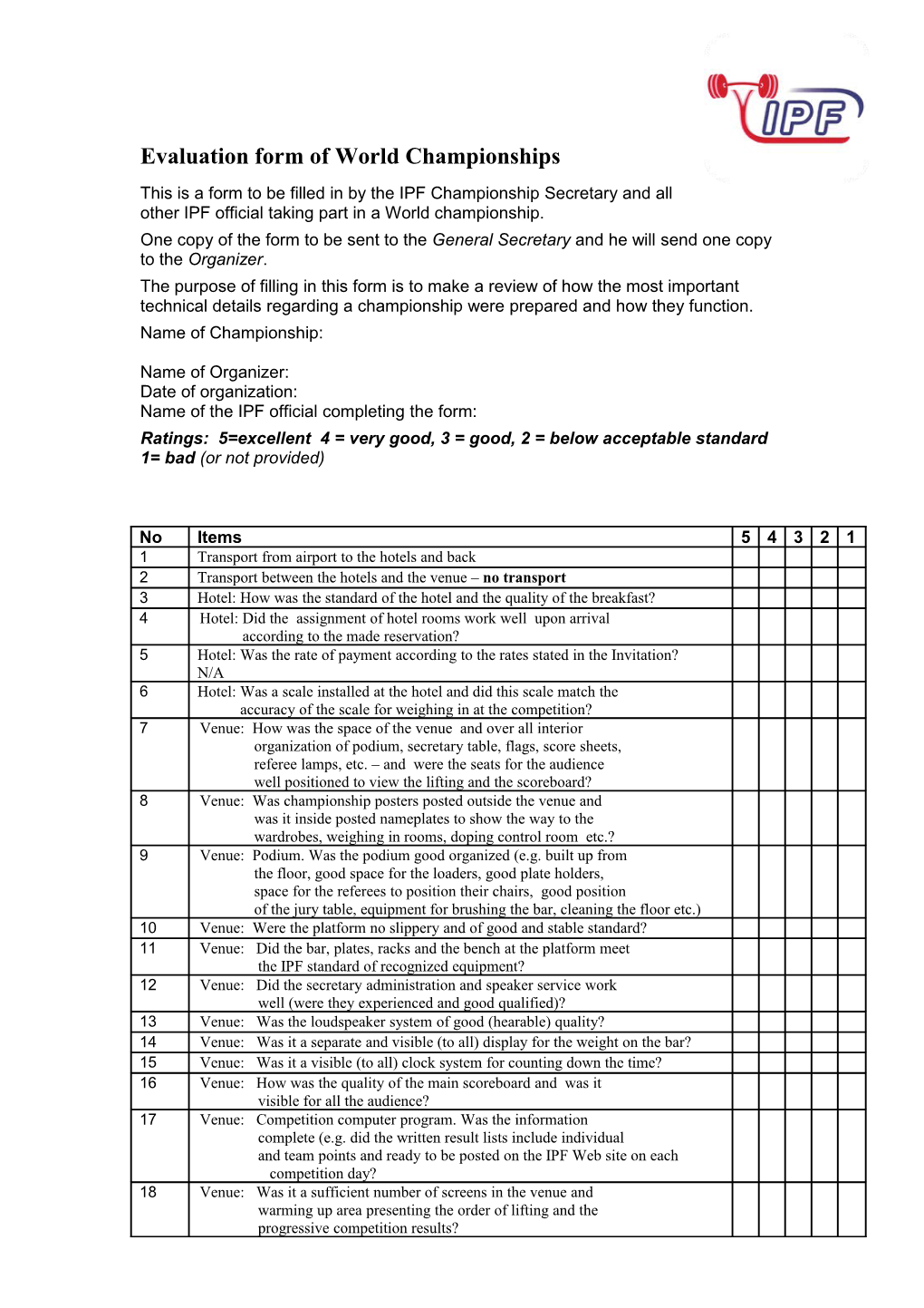 Evaluation Form of European Championships