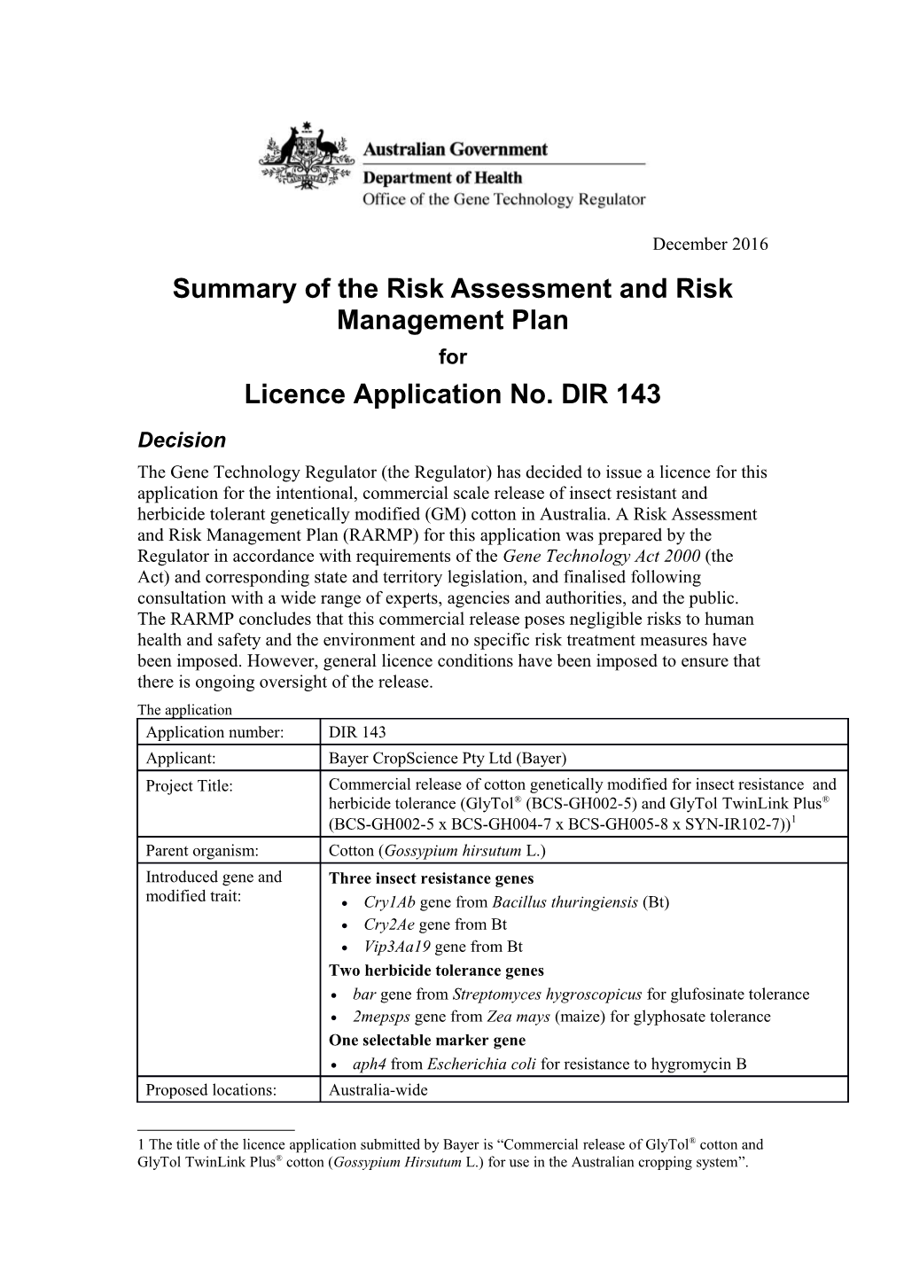 DIR 143 - Summary of Risk Assessment and Risk Management Plan