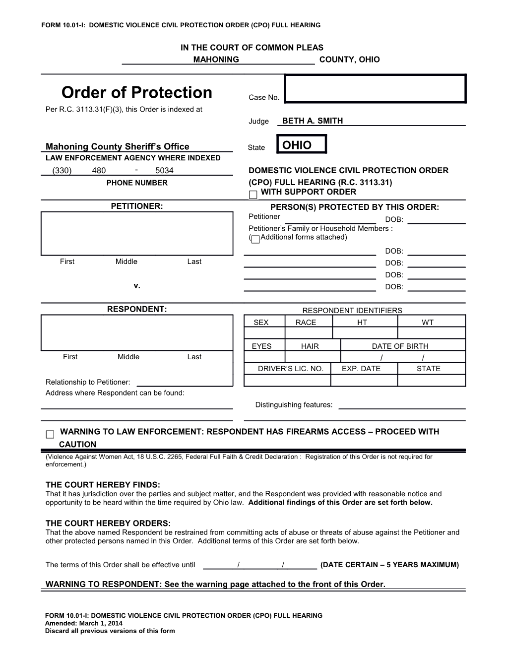 Form 10.01-I:Domestic Violence Civil Protection Order (Cpo)Full Hearing