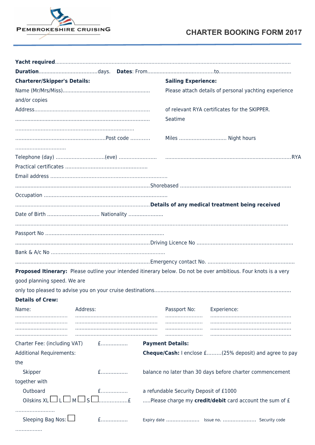 Charter Booking Form 2017