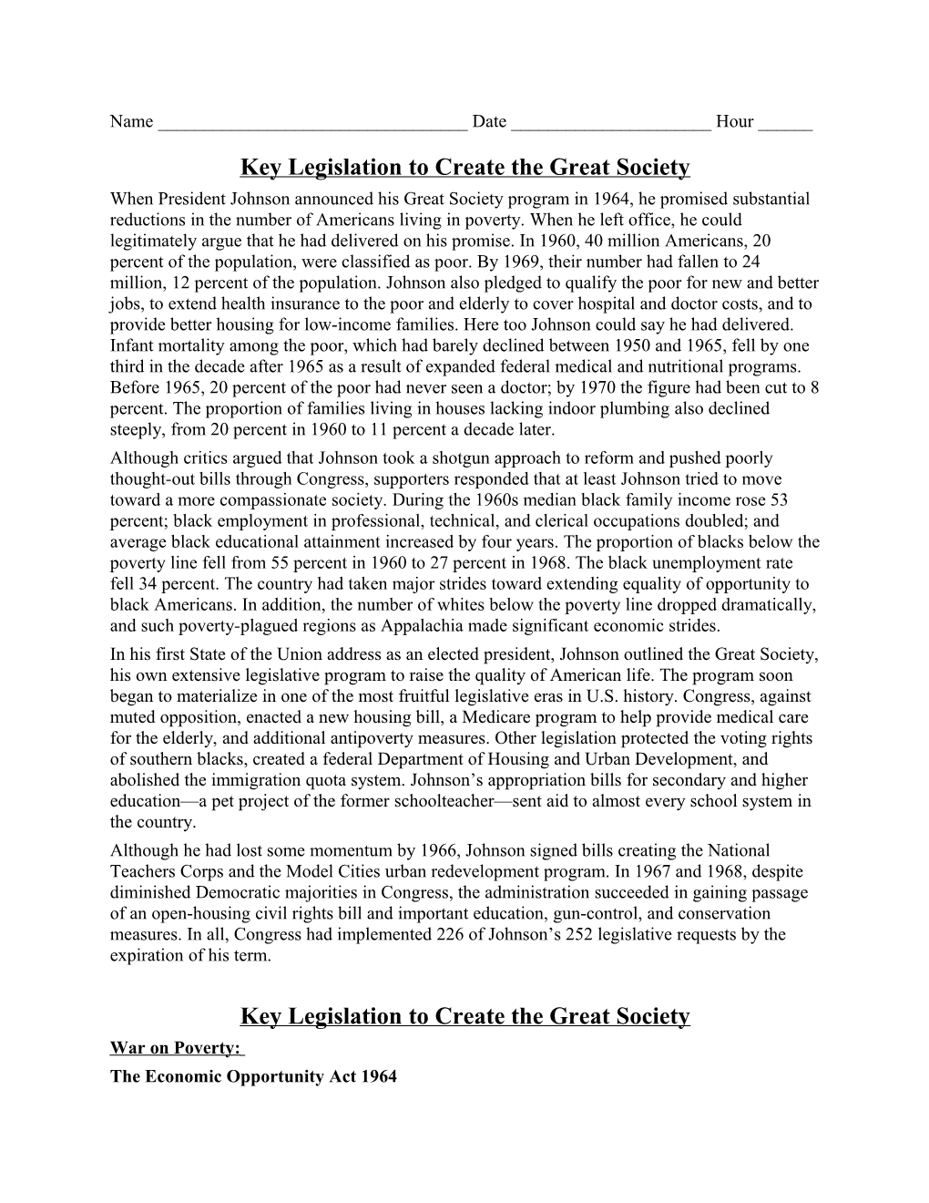 Key Legislation to Create the Great Society
