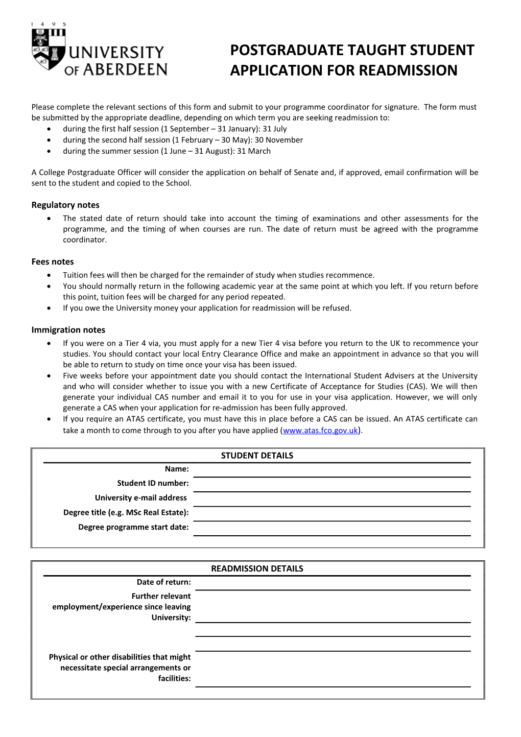 Postgraduate Taught Student Application for Readmission