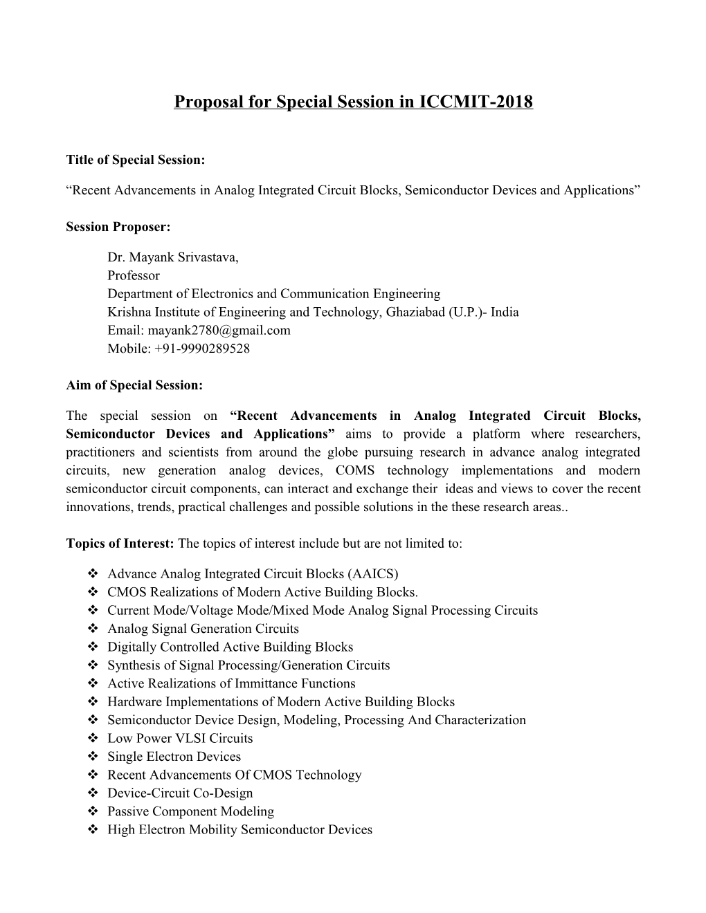 Proposal for Special Session in ICCMIT-2018