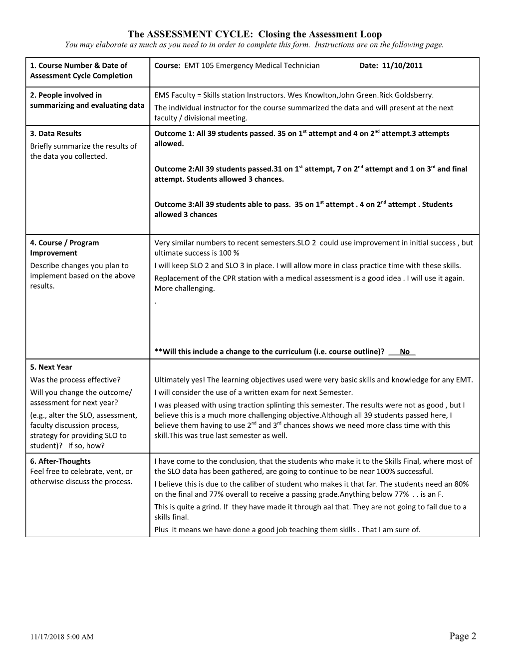 Student Learning Outcomes (SLO) Assessment Cycle Form