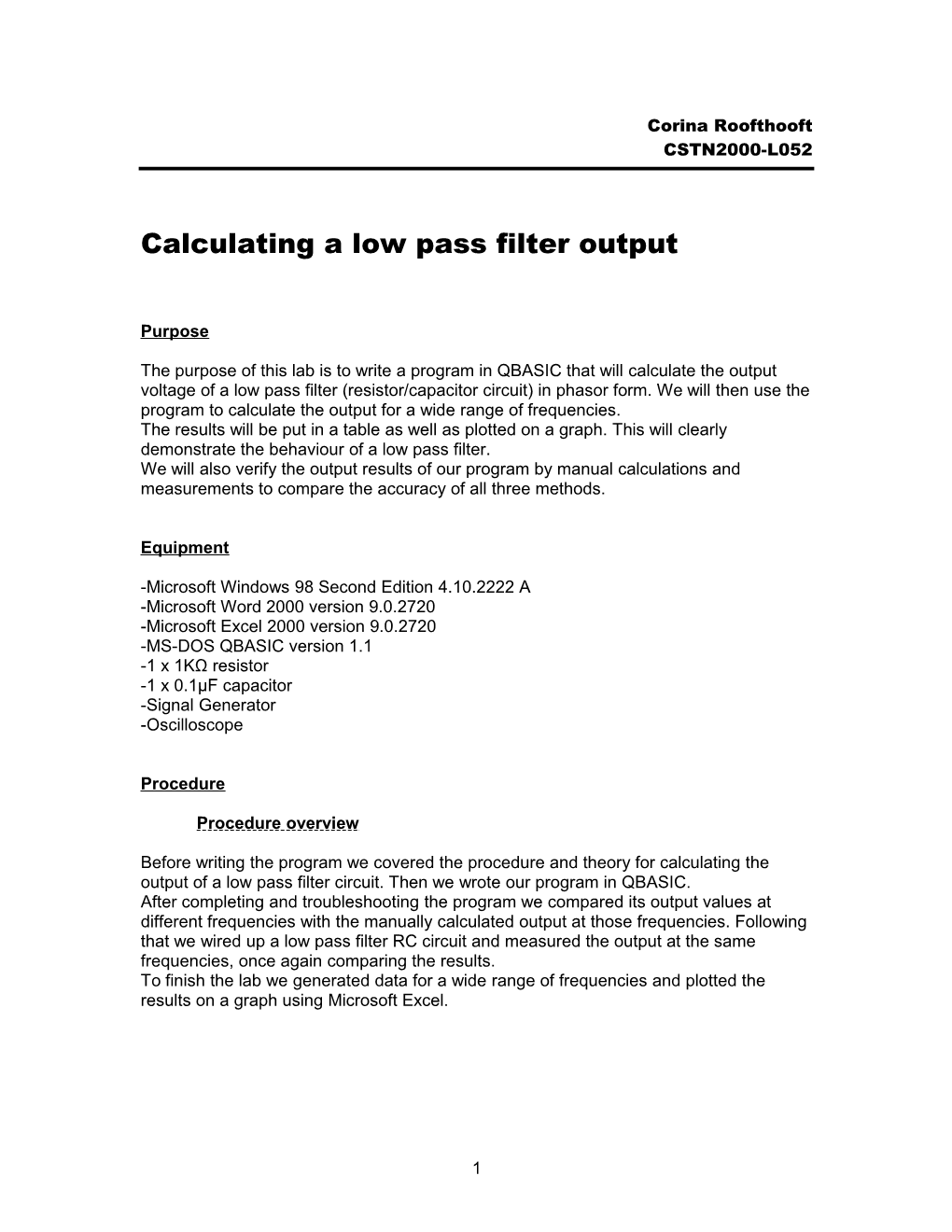 Calculating a Low Pass Filter Output