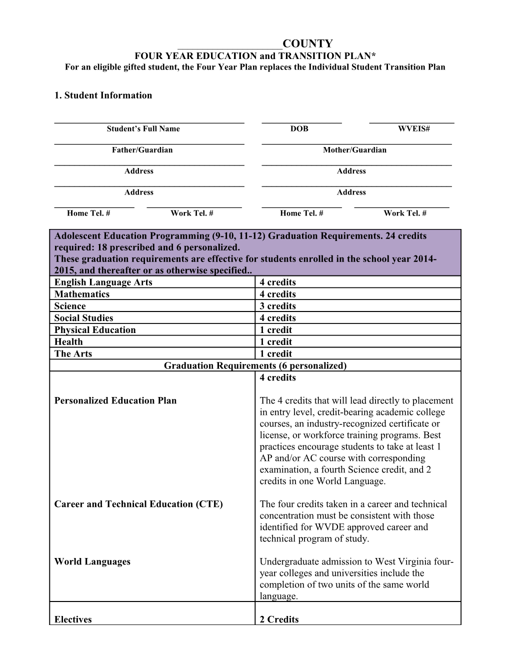 FOURYEAR EDUCATION and TRANSITION PLAN*