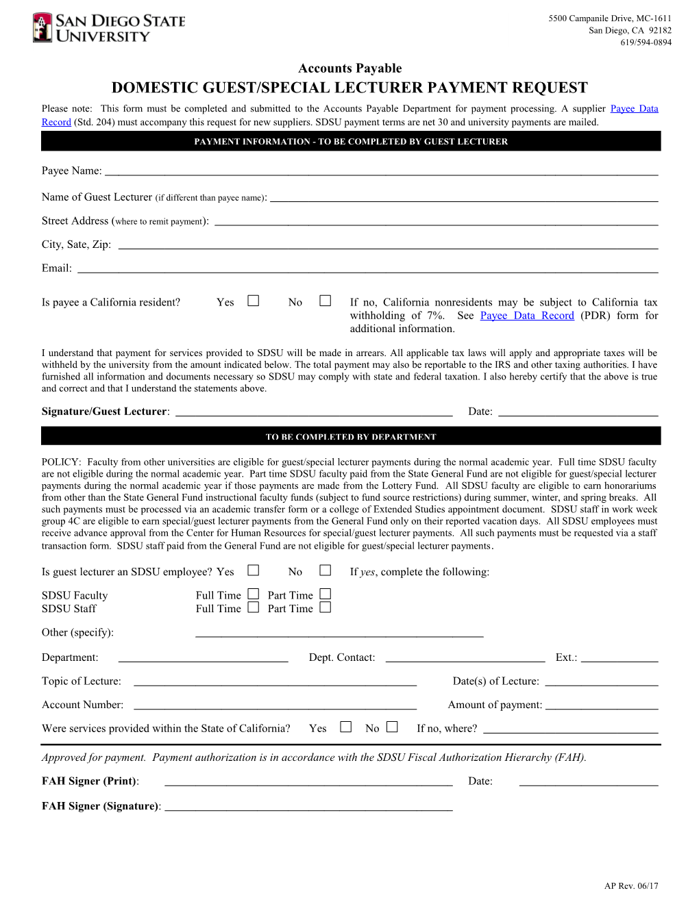 Guest/Special Lecturer Payment Request Form; Rev. 6/20/2016