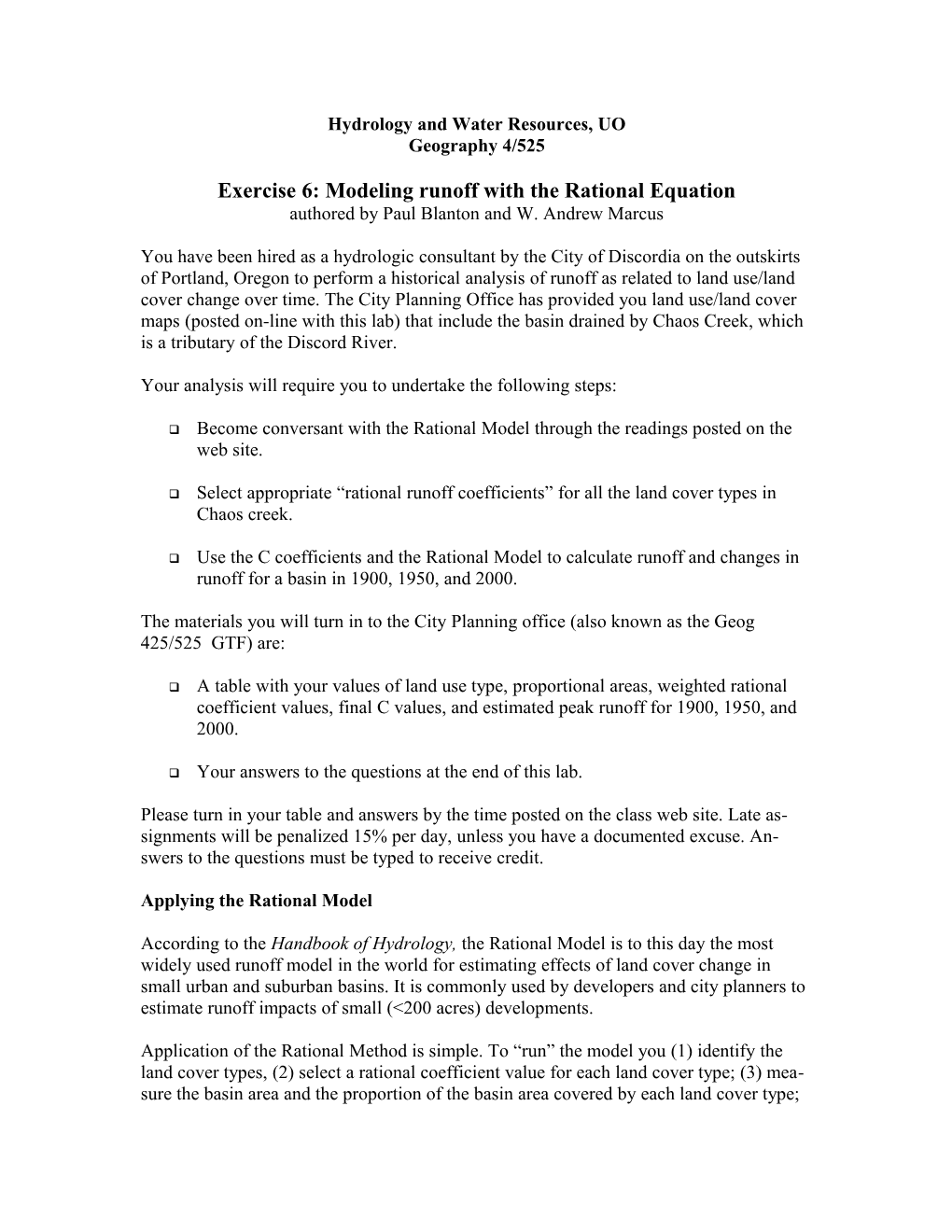 Exercise #7: Modeling Runoff with the Rational Equation