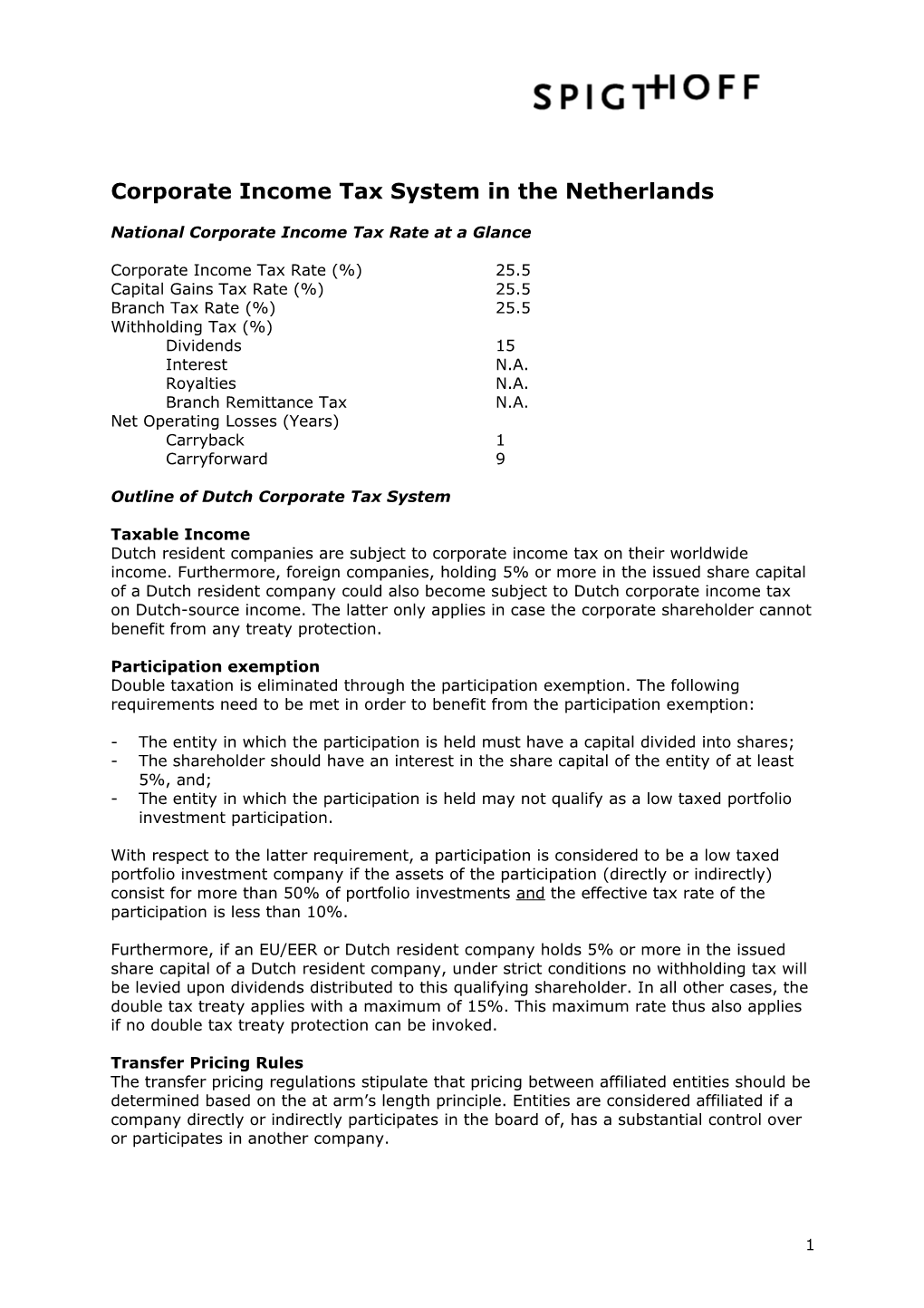 Corporate Taxation System in the Netherlands