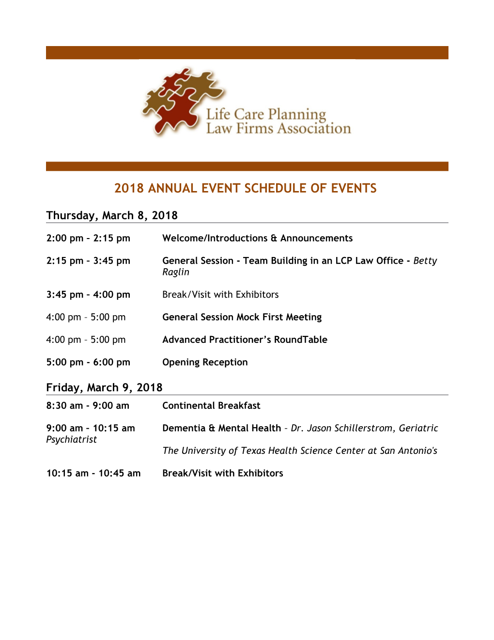 2018 Annual Event Schedule of Events
