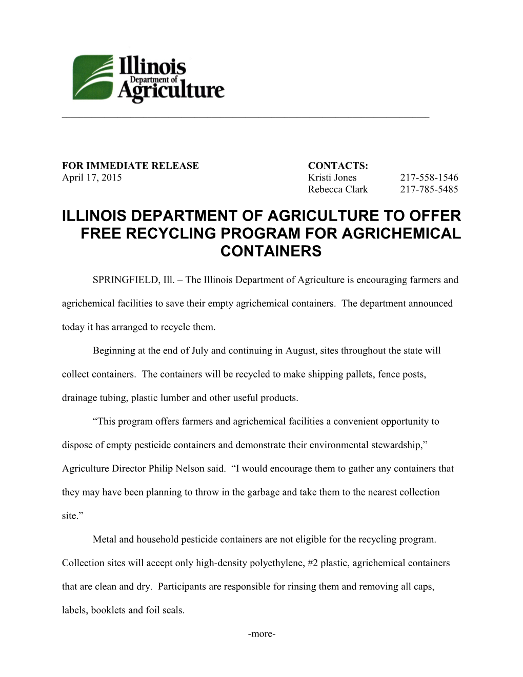 Illinois Department of Agriculture to Offer Free Recycling Program for Agrichemical Containers