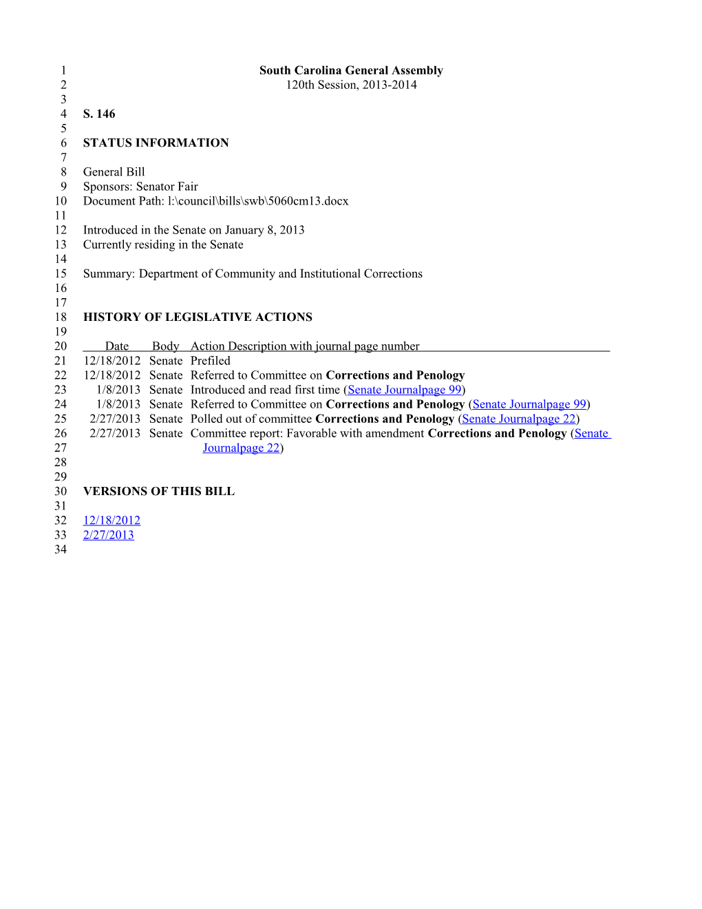 2013-2014 Bill 146: Department of Community and Institutional Corrections - South Carolina