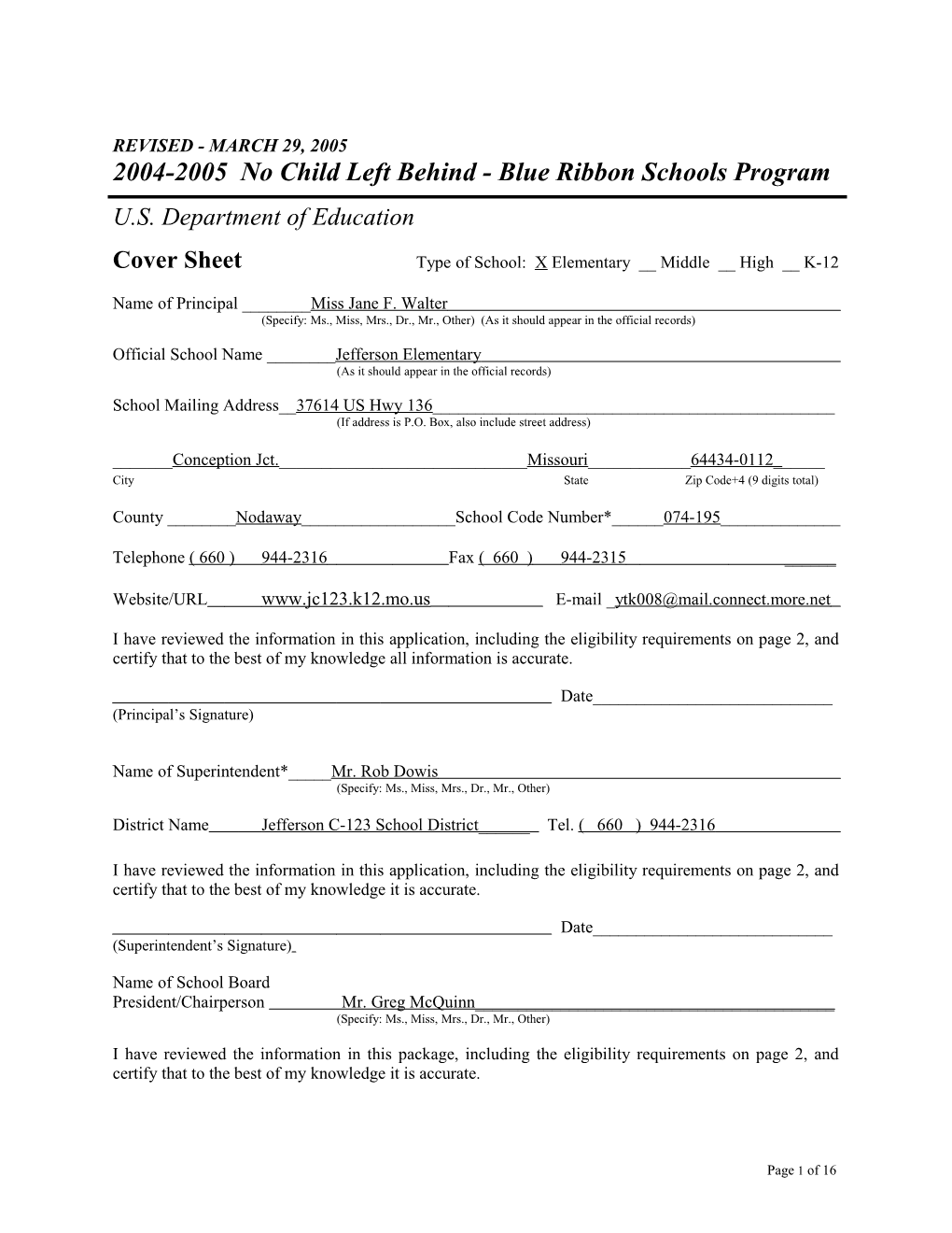 Jefferson Elementary School Application: 2004-2005, No Child Left Behind - Blue Ribbon