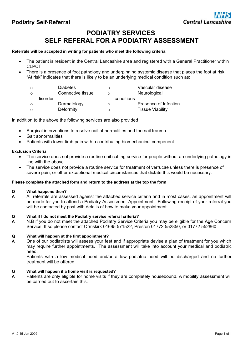 Self Referal for a Podiatry Assessment