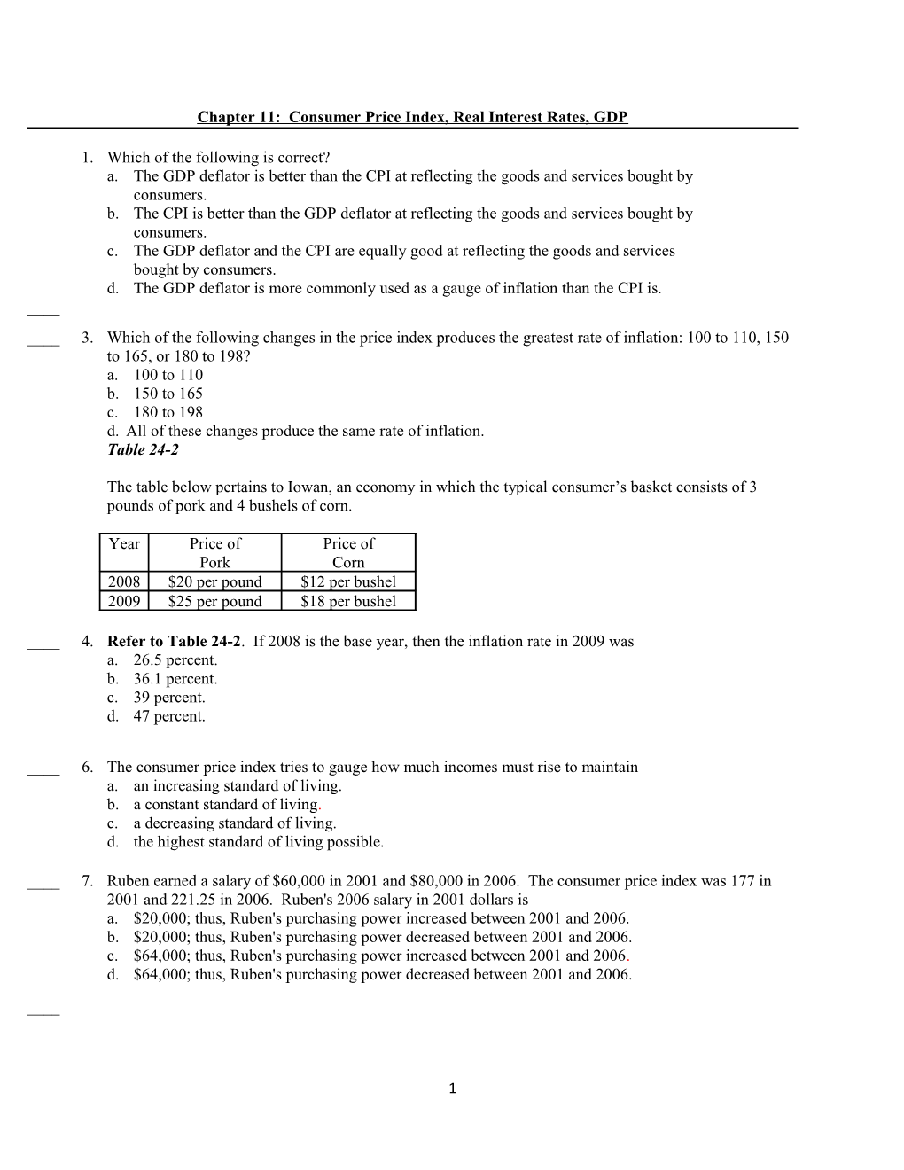 Chapter 11: Consumer Price Index, Real Interest Rates, GDP