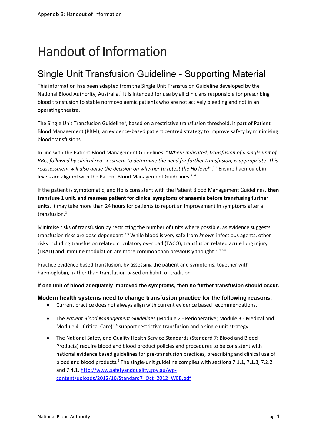 Single Unit Transfusion Guideline -Supporting Material