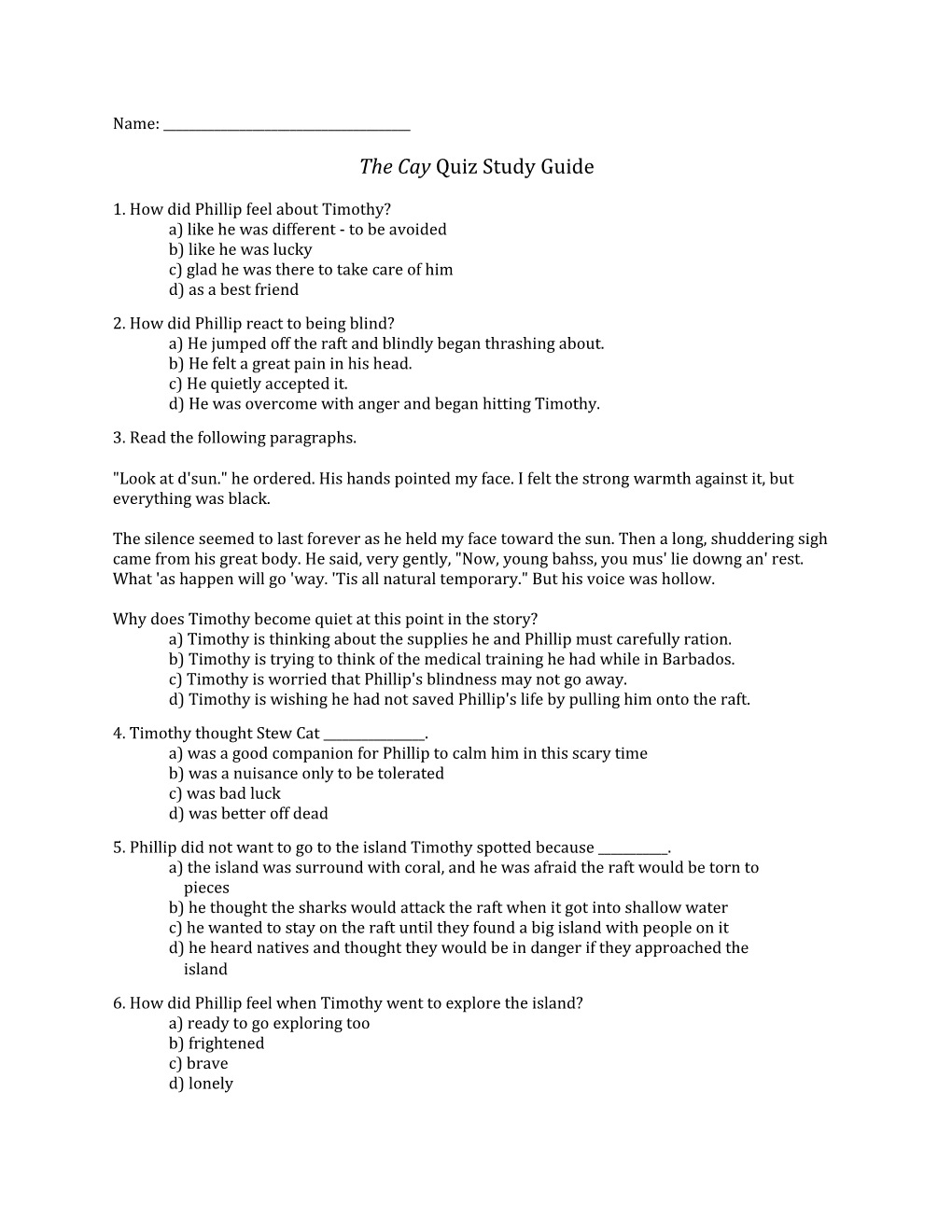 The Cay Quiz Study Guide
