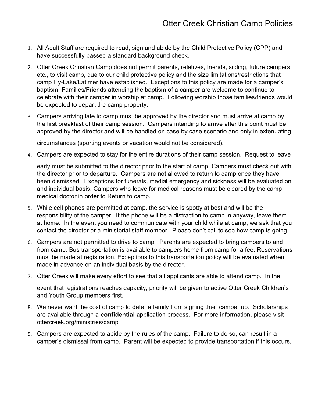 Otter Creek Christian Camp Policies