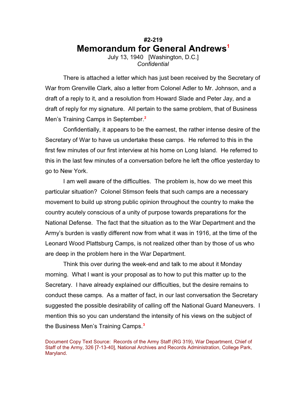 Memorandum for General Andrews1
