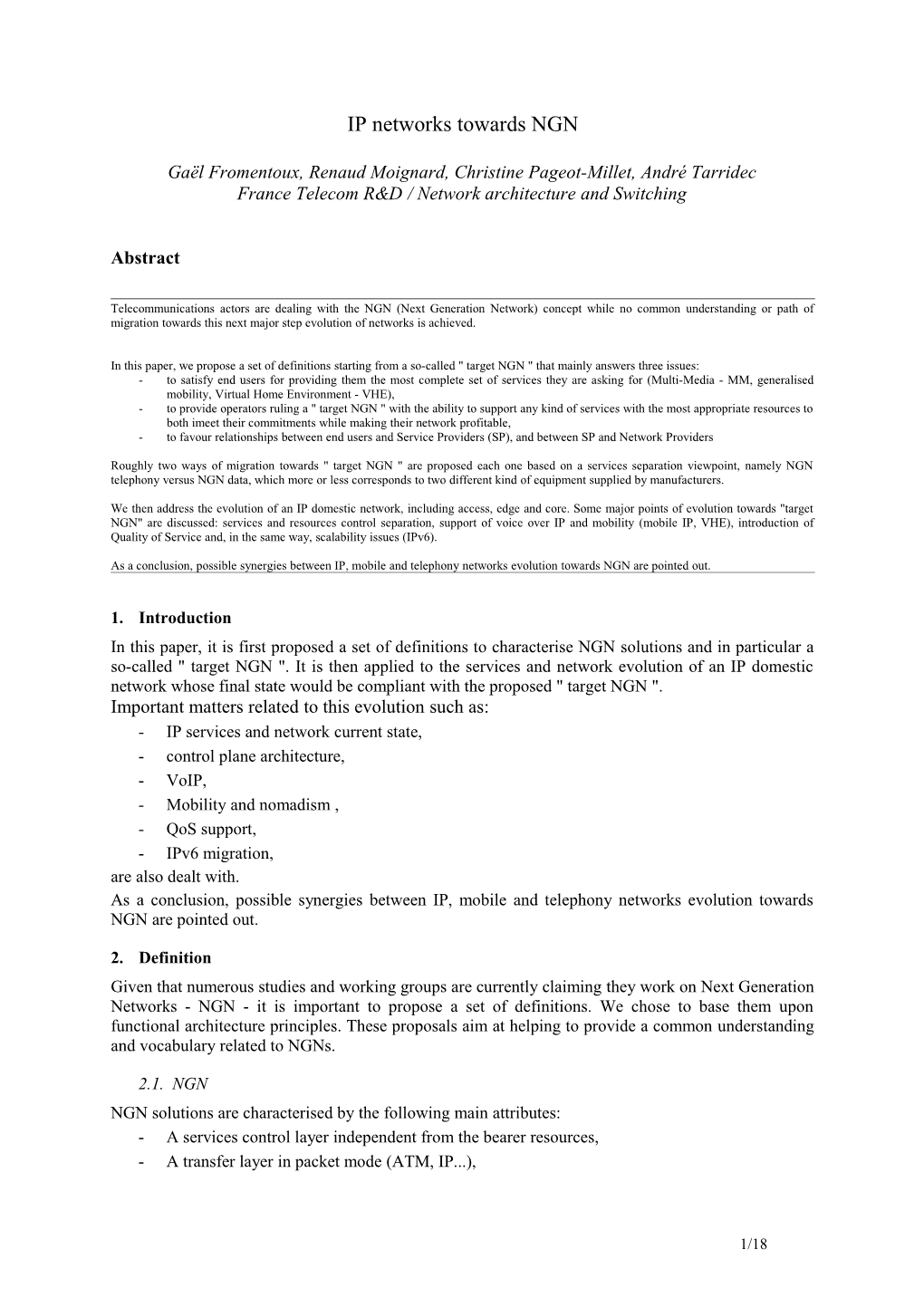 IP Networks Towards NGN