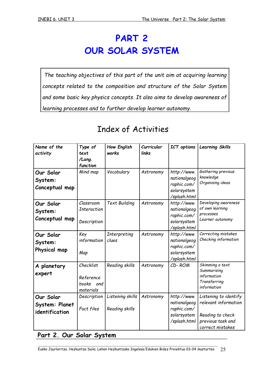 INEBI 6. UNIT 3 the Universe Part 2: the Solar System