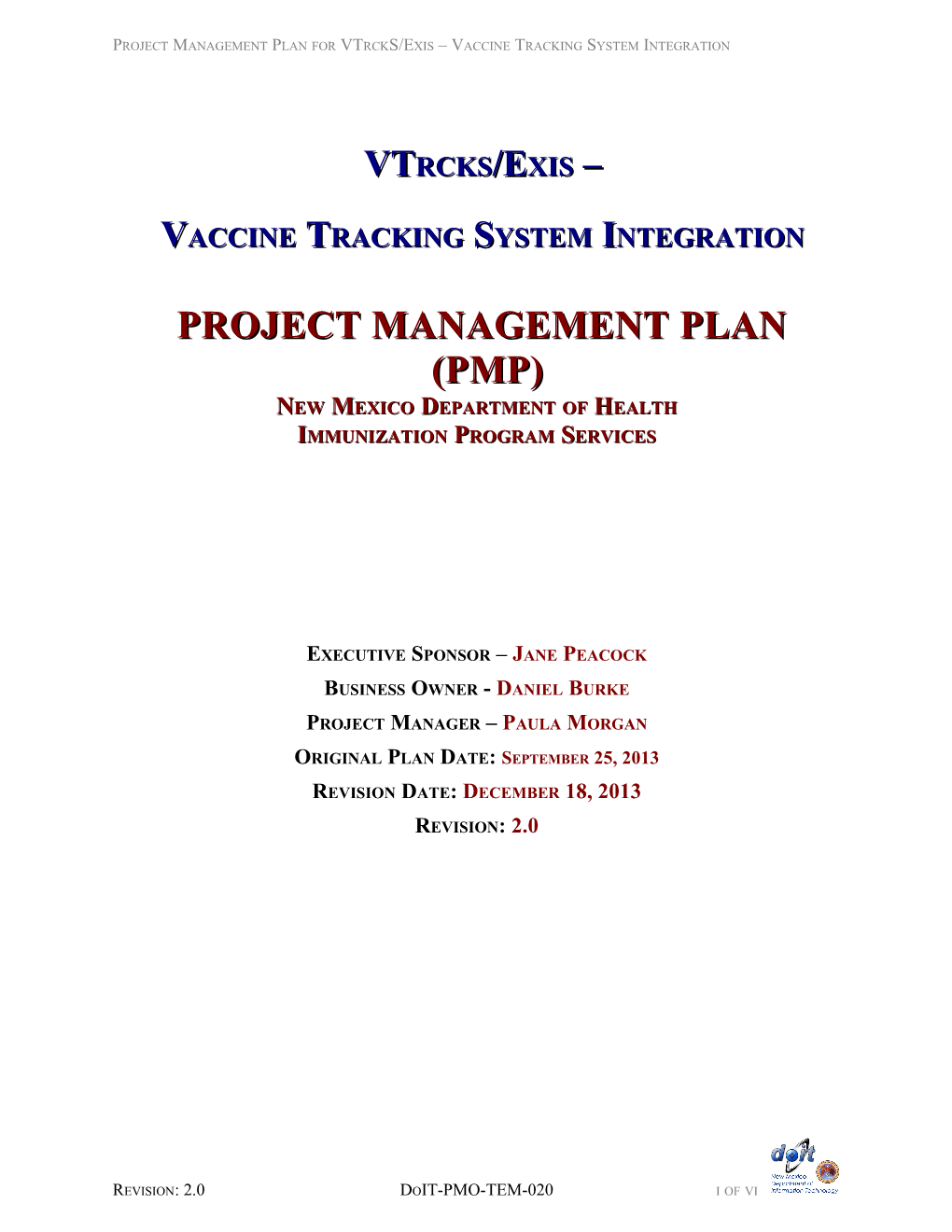 Project Management Plan for Vtrcks/Exis Vaccine Tracking System Integration