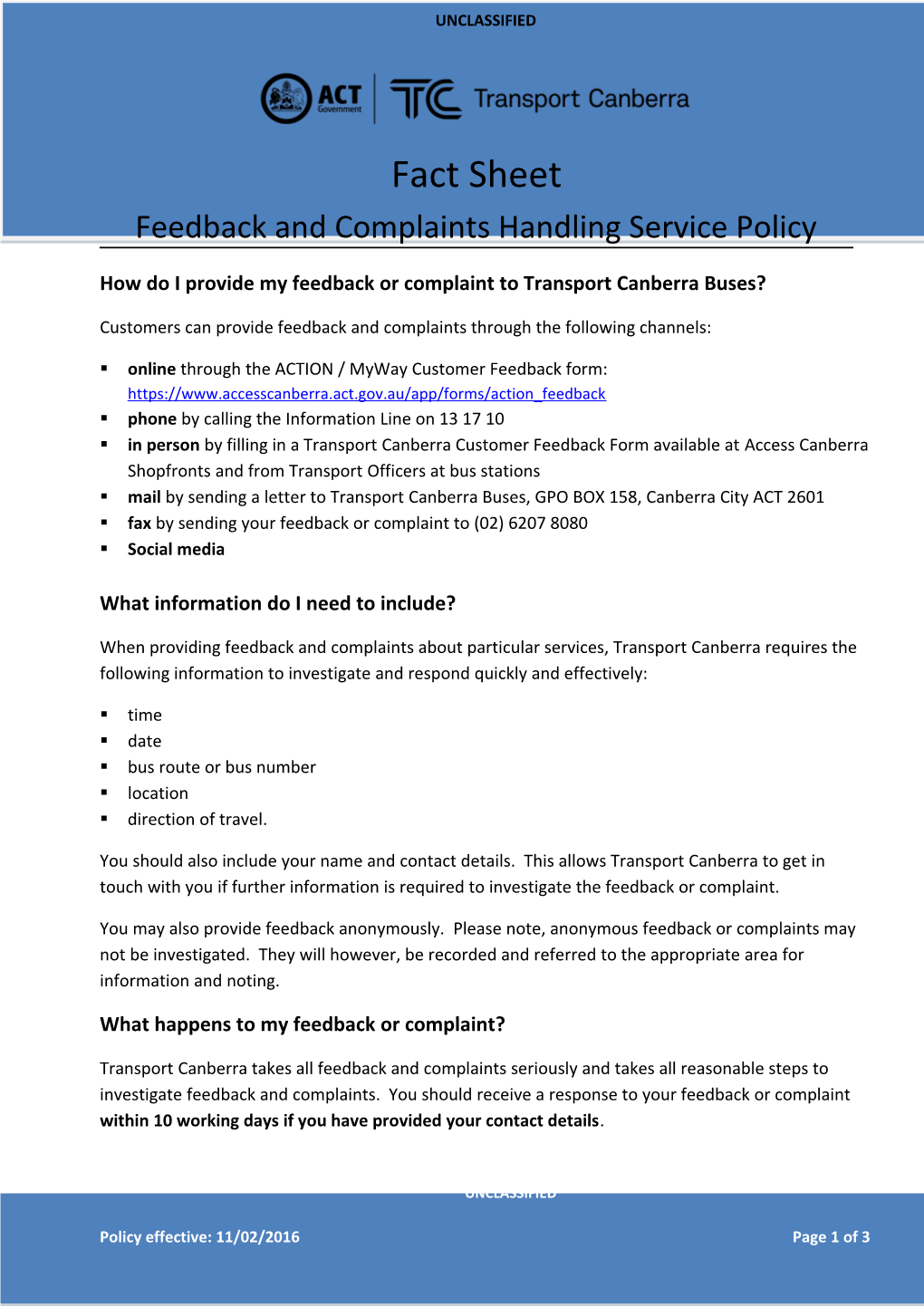 Feedback and Complaints Handling Fact Sheet - Transport Canberra