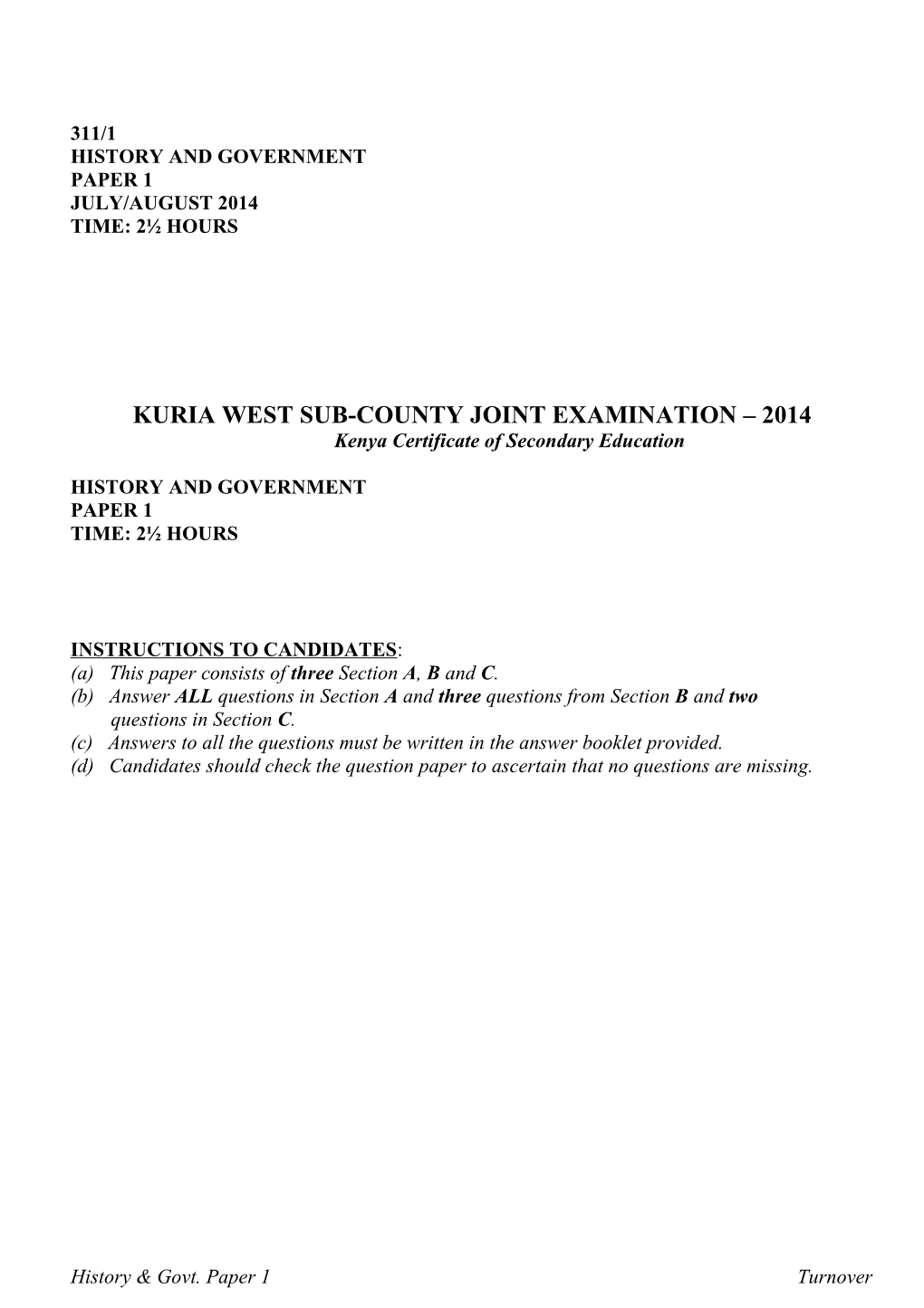 Kuria West Sub-County Joint Examination 2014