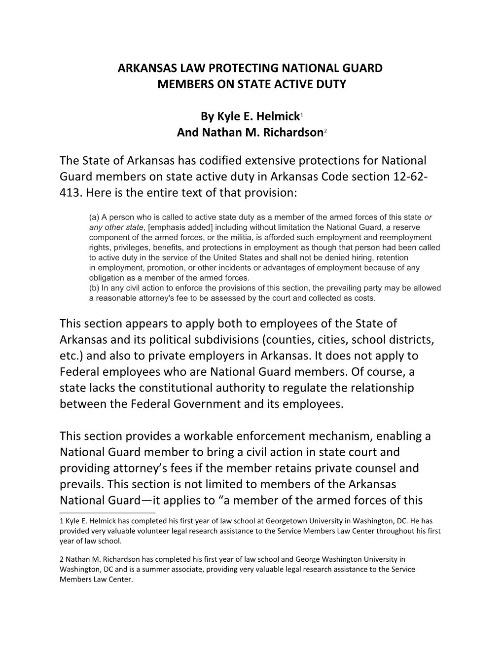 Arkansas Law Protecting National Guard
