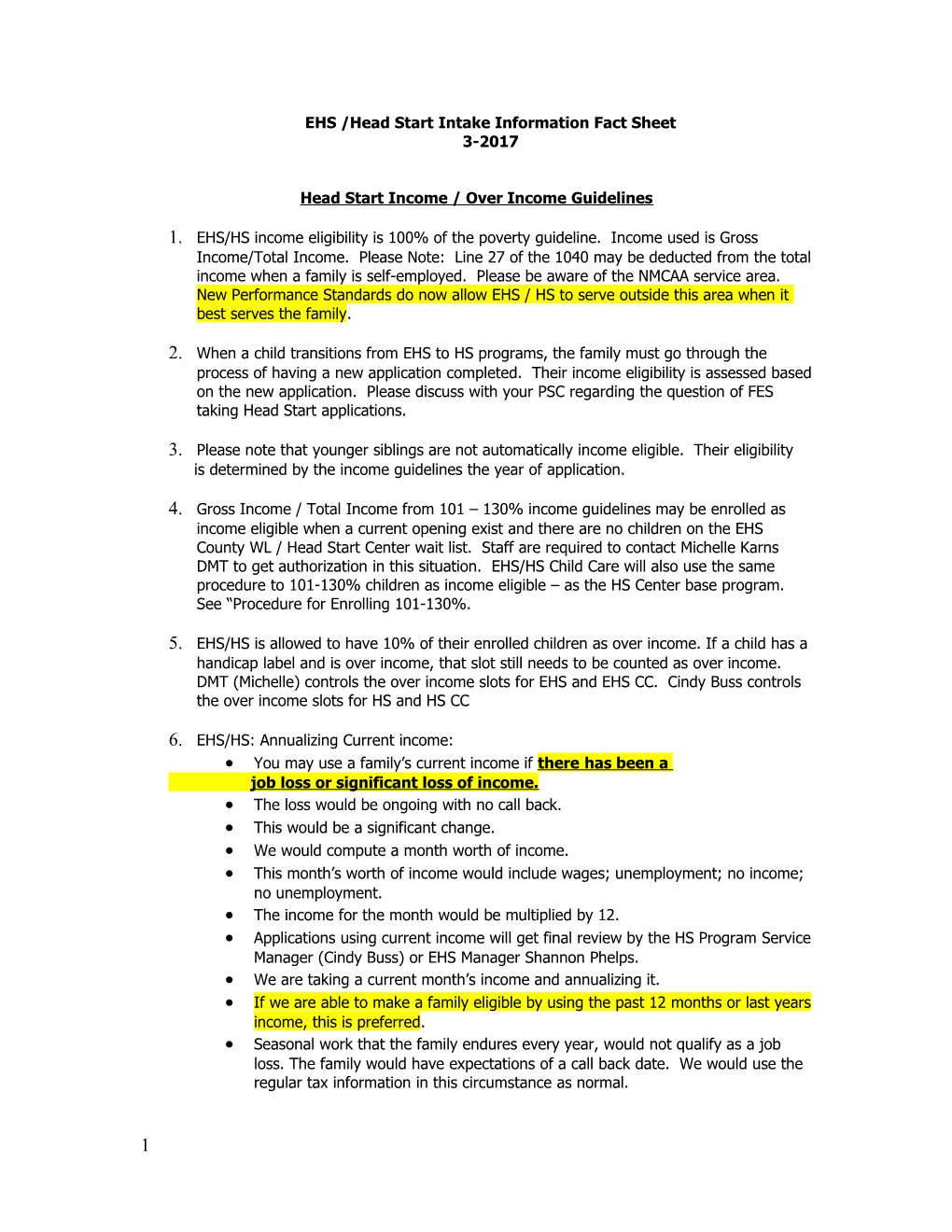 EHS /Head Startintake Information Fact Sheet