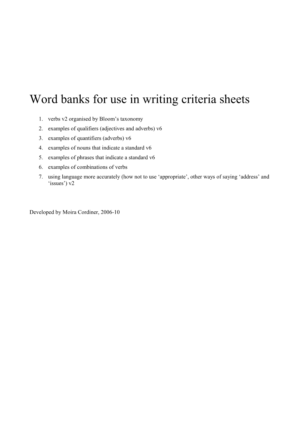 Word Banks for Use in Writing Criteria Sheets