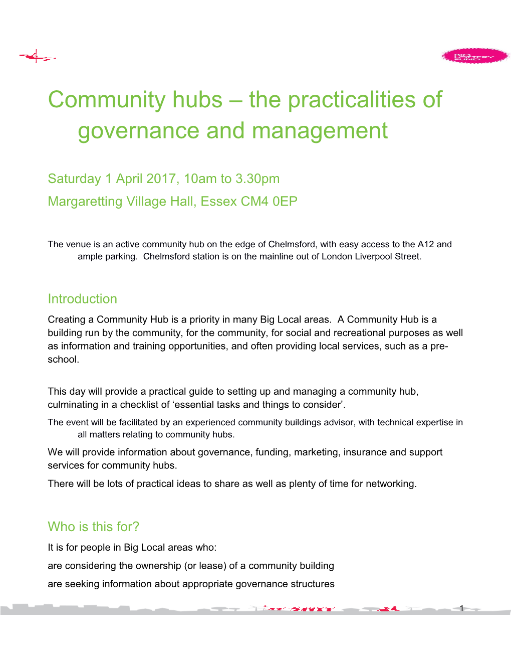 Community Hubs the Practicalities of Governance and Management