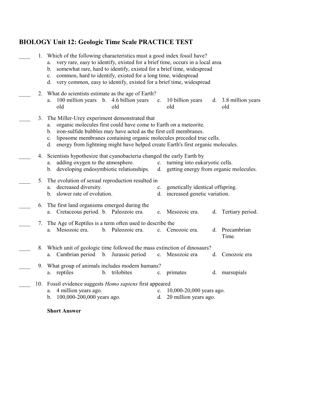 BIOLOGY Unit 12: Geologic Time Scale PRACTICE TEST