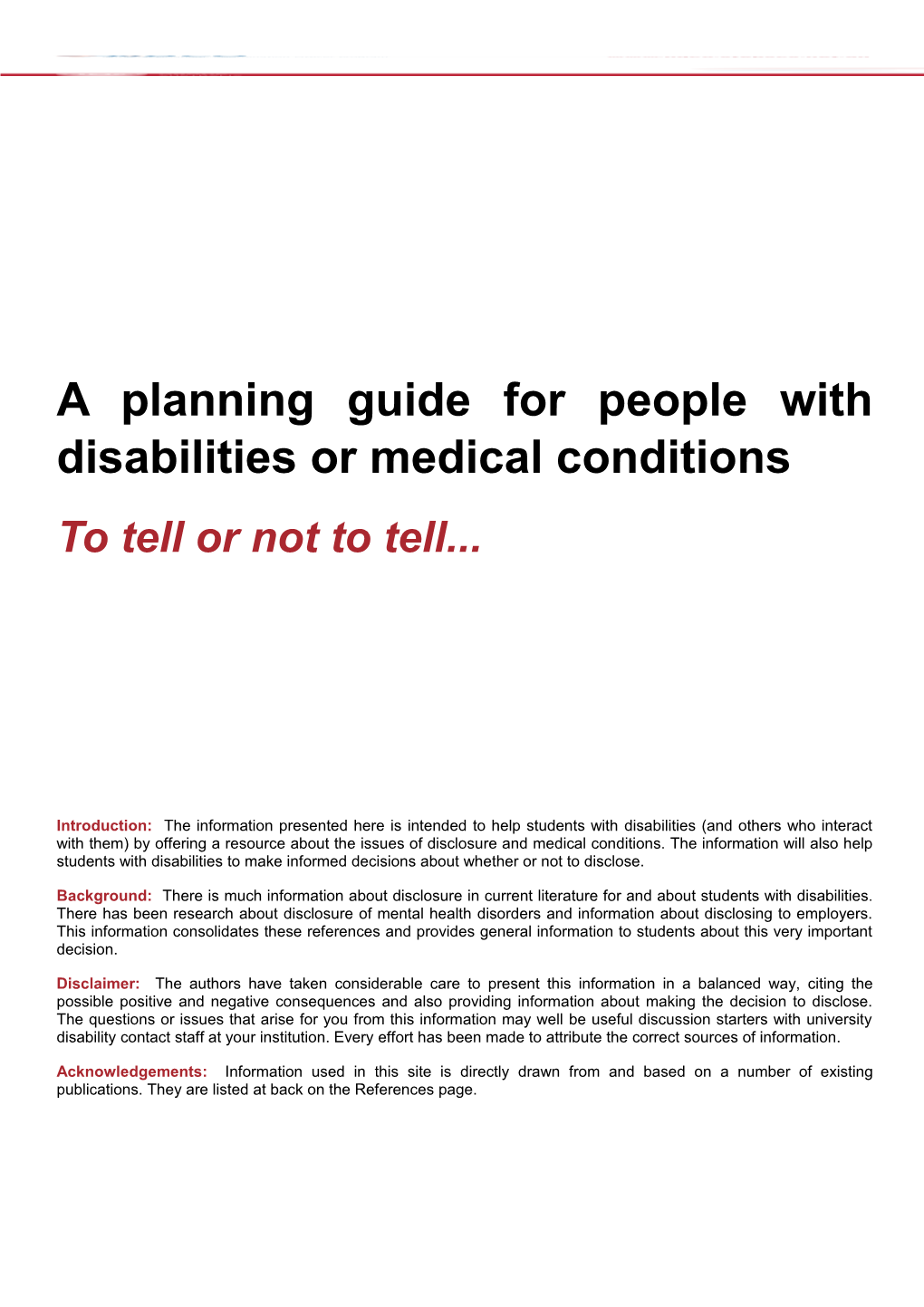 A Planning Guide for People with Disabilities Or Medical Conditions