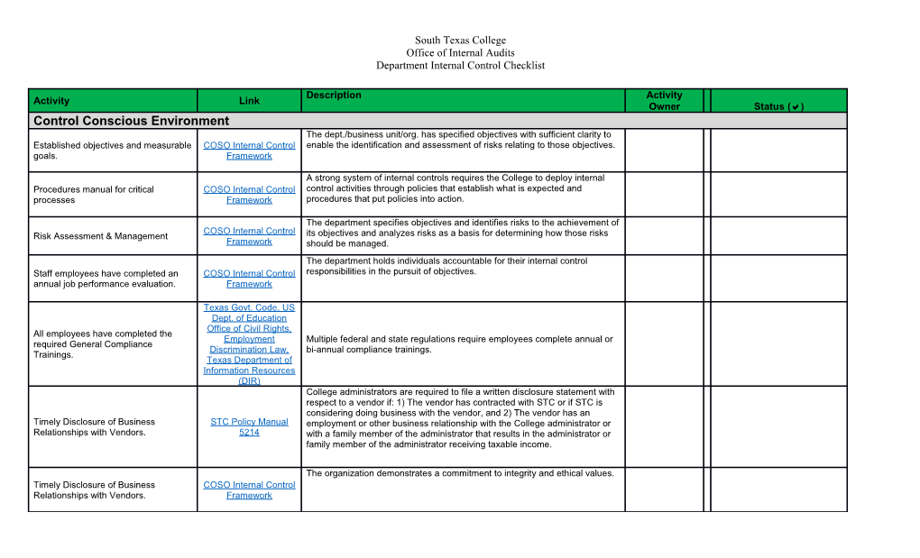 Department Internal Control Checklist
