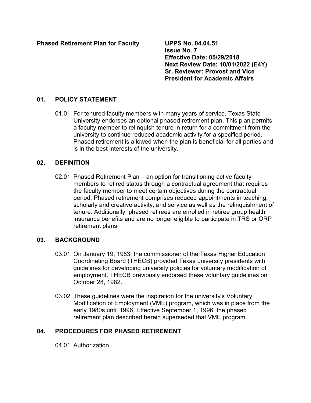 UPPS No. 04.04.51, Phased Retirement Plan for Faculty